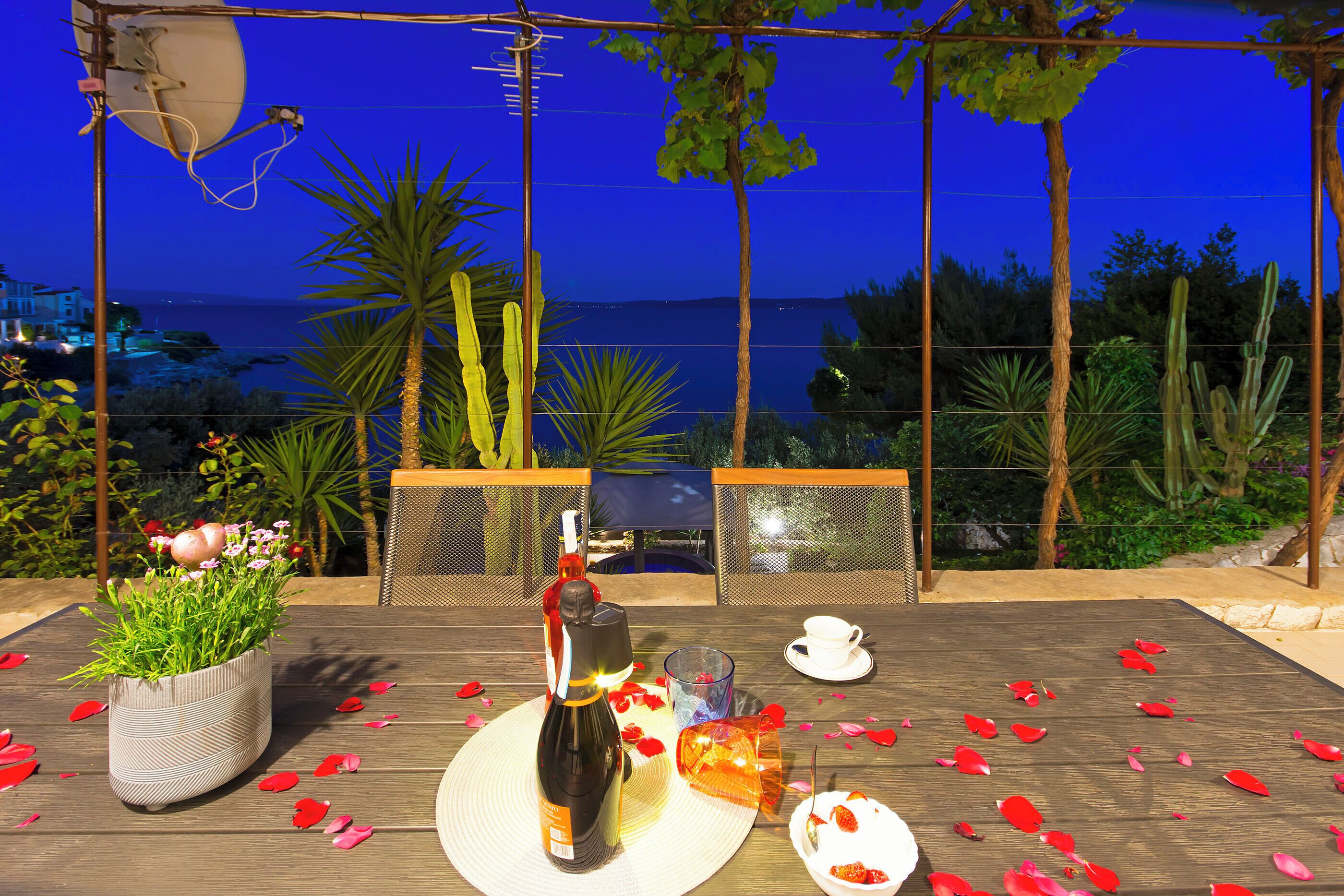 Une table dressée pour deux personnes, avec une bouteille de vin, un verre et une assiette de nourriture, le tout entouré de pétales de rose.