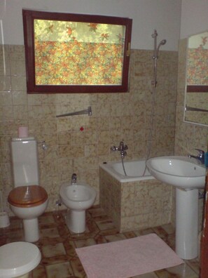 Une salle de bain équipée de toilettes, d’un bidet et d’un lavabo.