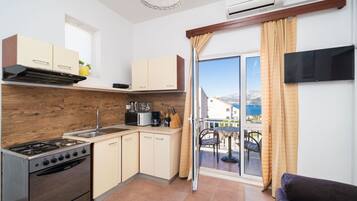 Apartment (A3) | Private kitchen | Fridge, microwave, oven, stovetop