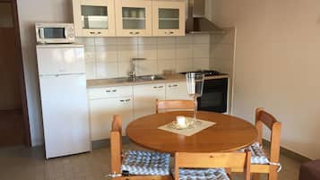 Apartment (A2) | Private kitchen | Fridge, microwave, oven, stovetop