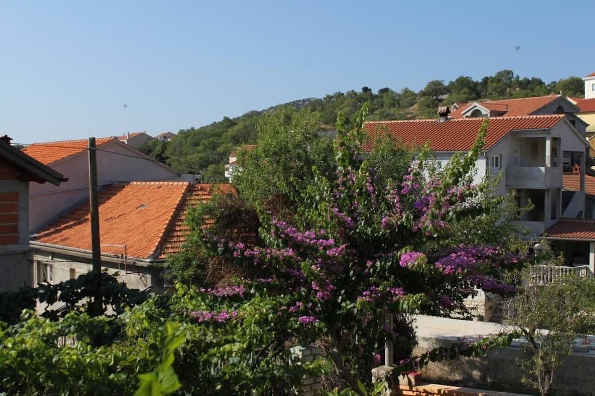 A residential area with houses, a hill in the background, and a flowering tree in the foreground.