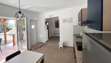 Apartment (A2) | Private kitchen | Fridge, microwave, oven, stovetop