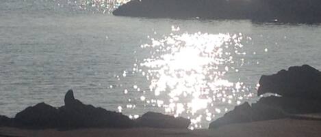 A coastal scene with a rocky shoreline and calm water reflecting sunlight.