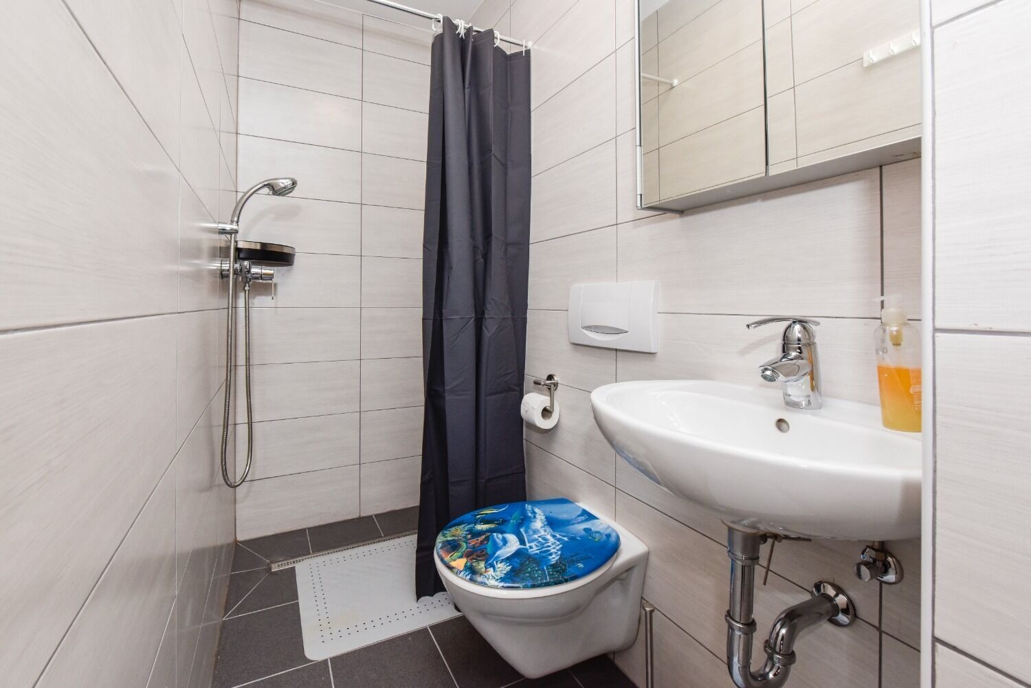 A modern bathroom with a shower, toilet, sink, and a mirror.