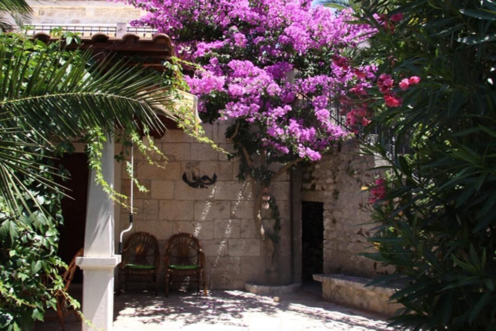A courtyard with a stone wall, two wicker chairs, and a flowering tree.