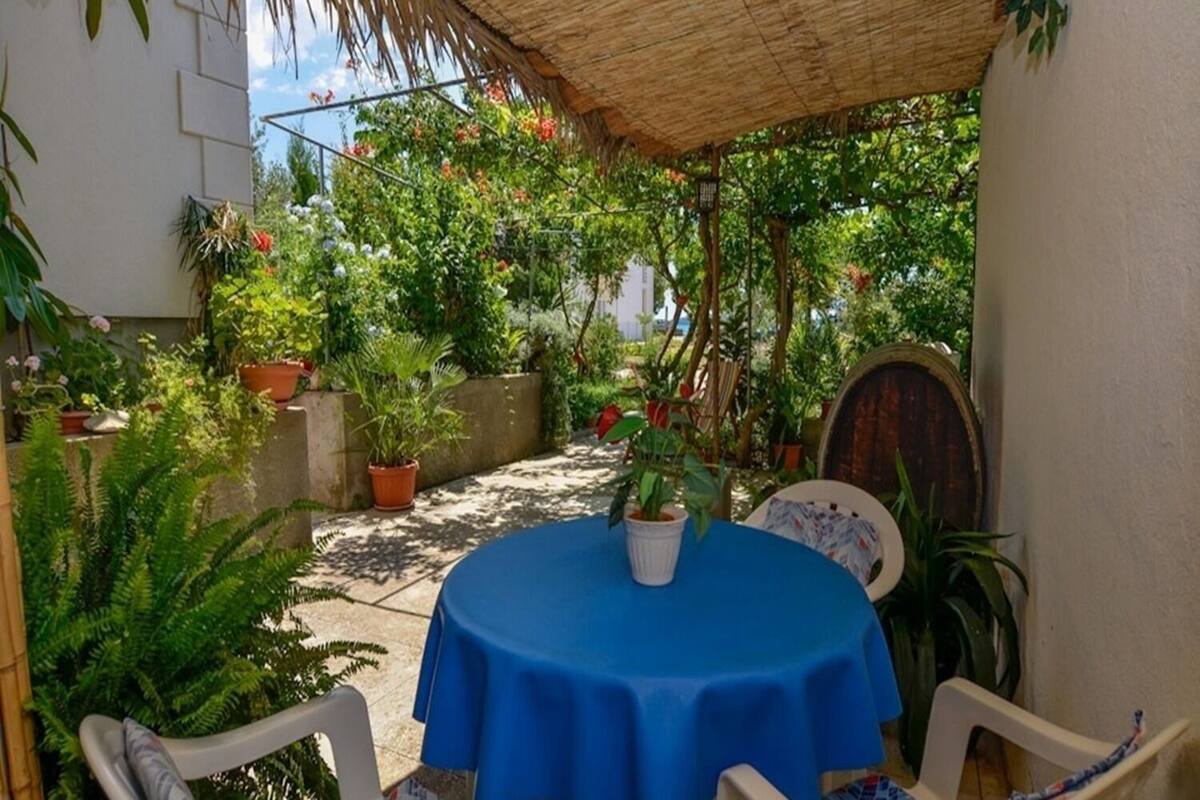 A patio with a round table covered by a blue tablecloth, surrounded by white chairs. There are potted plants and a thatched roof overhead.