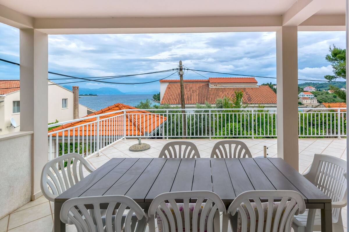 A covered outdoor dining area with a table and chairs, overlooking a scenic view of buildings and a body of water.