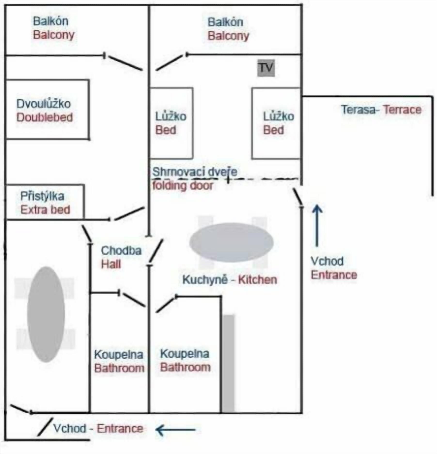 A hotel layout with balconies, double beds, TV, terrace, folding door, kitchen, bathrooms, and a hall.