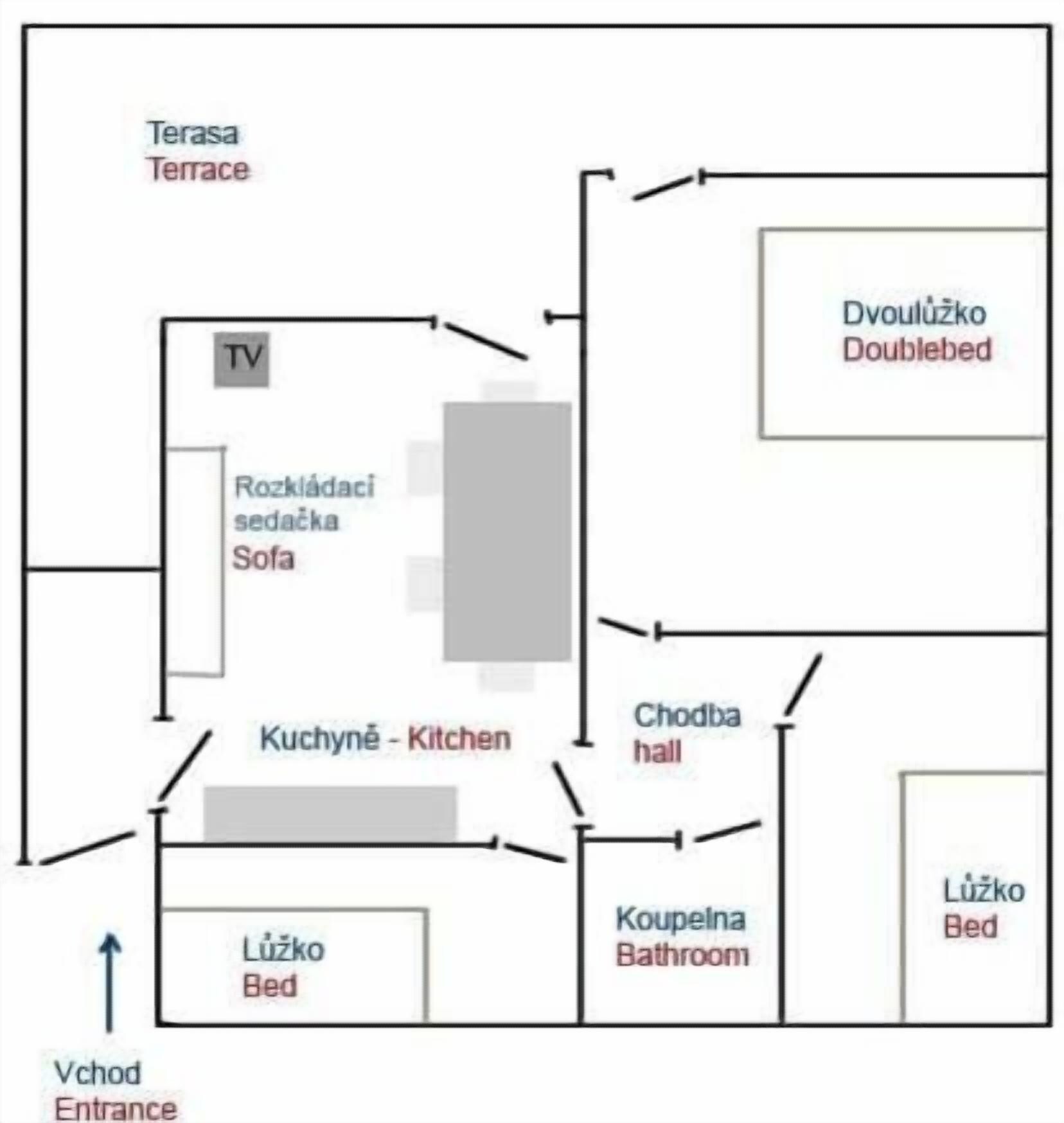 A hotel layout with a terrace, double bed room, sofa, TV, kitchen, bathroom, and entrance.