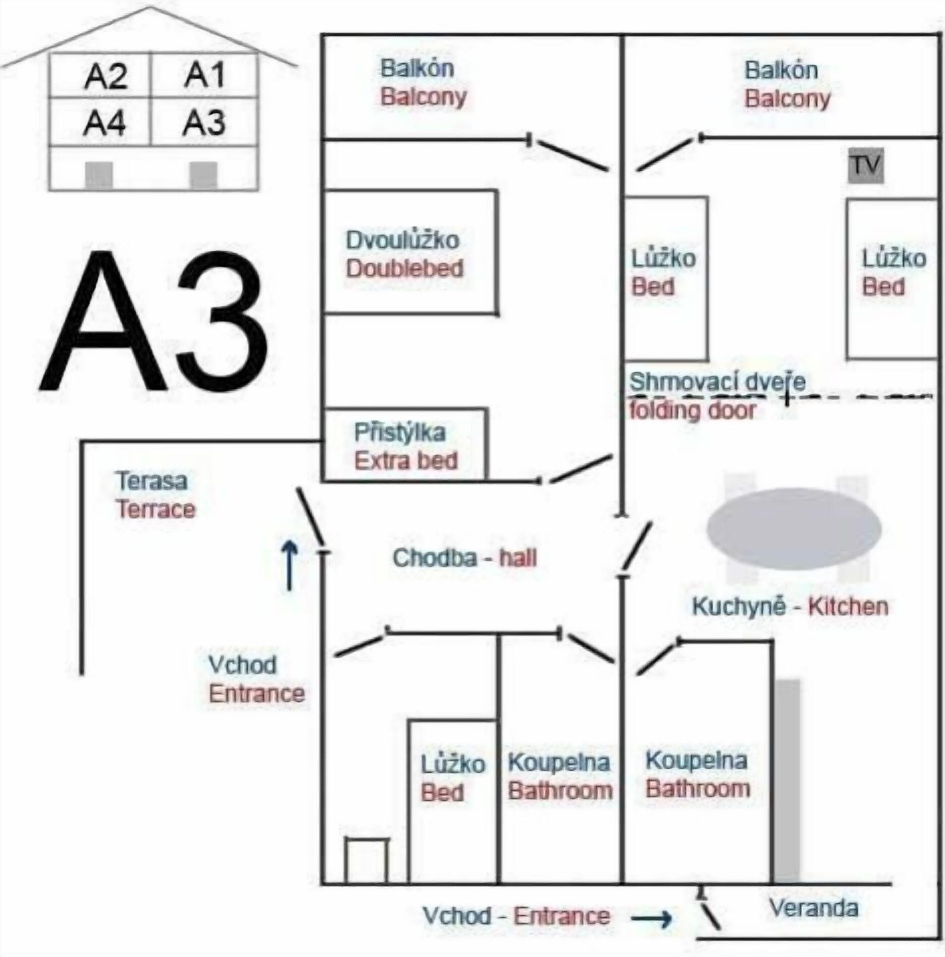 Et hotelværelse med balkon, dobbeltseng, fjernsyn, tekøkken og to badeværelser.