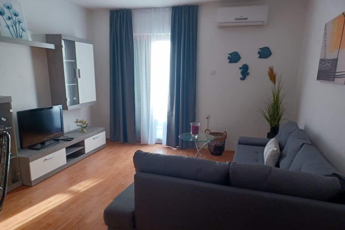 A modern living room with a grey sofa, a TV on a stand, a glass coffee table, and a window with blue curtains.
