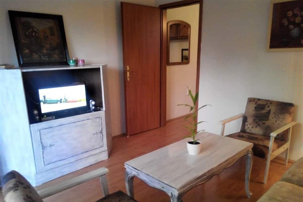 A living room with a wooden table, two chairs, a small potted plant, a television, and a wooden cabinet.