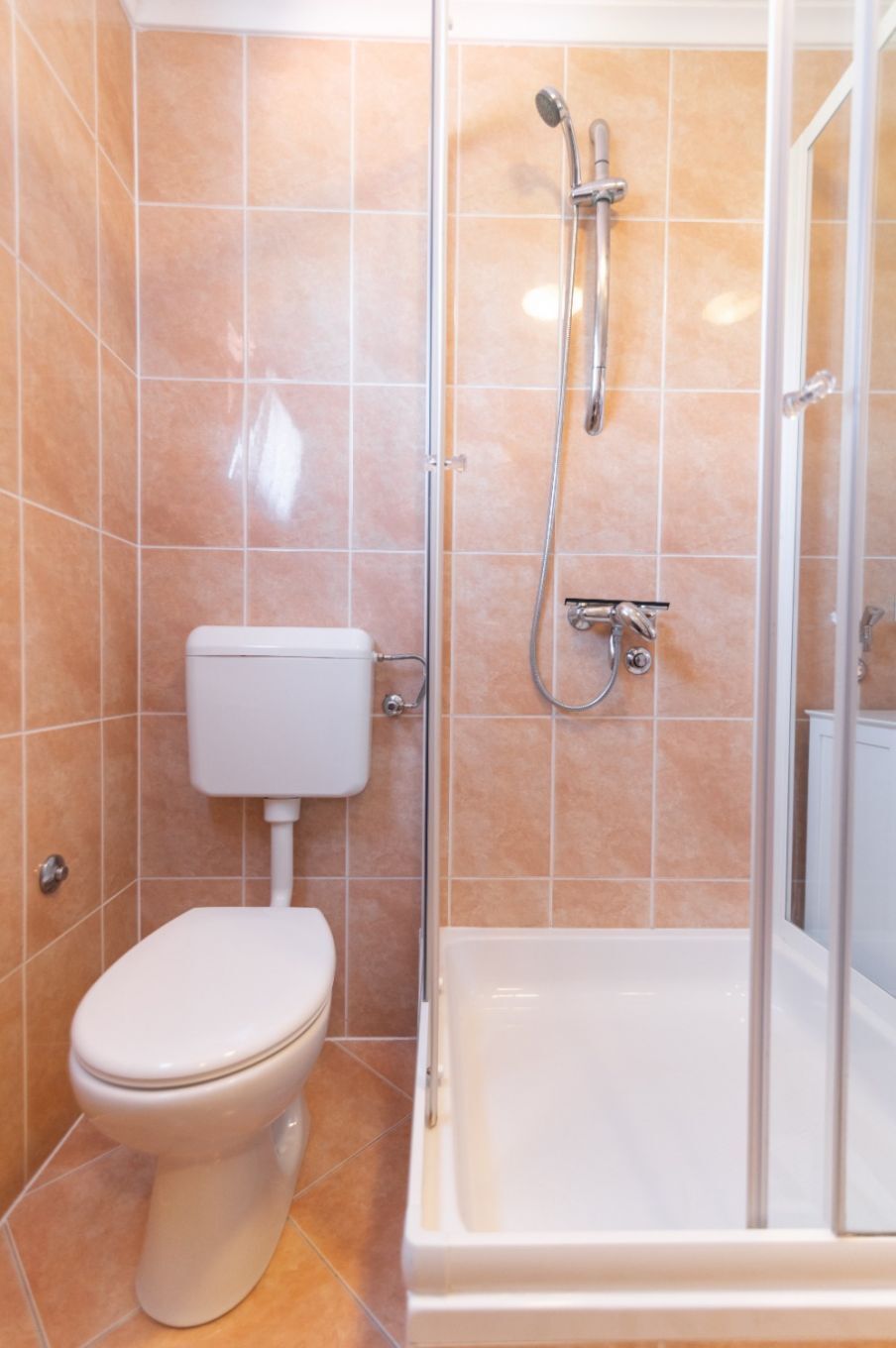 Een badkamer met toilet, douche en bad.