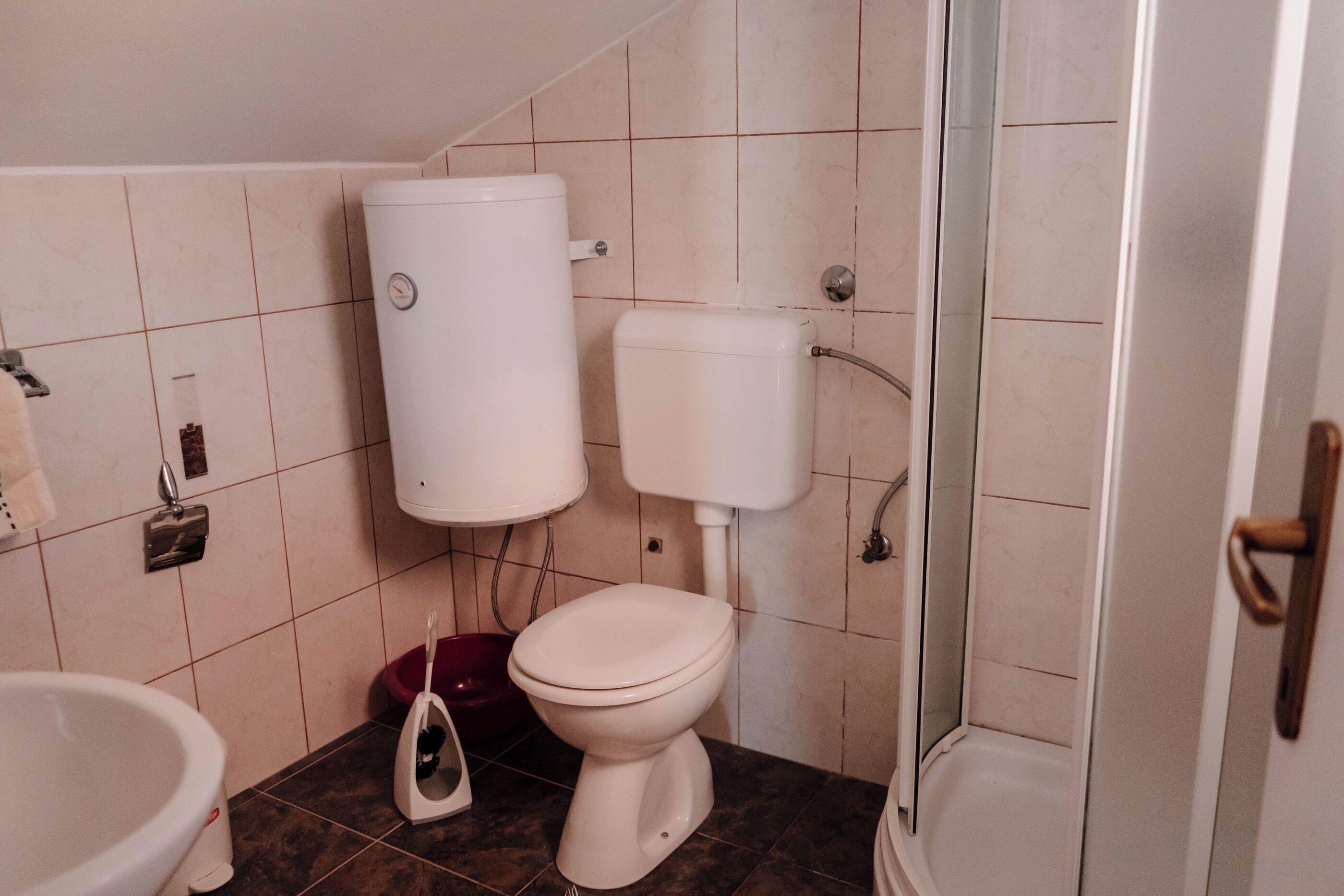 A bathroom with a toilet, bidet, and shower.