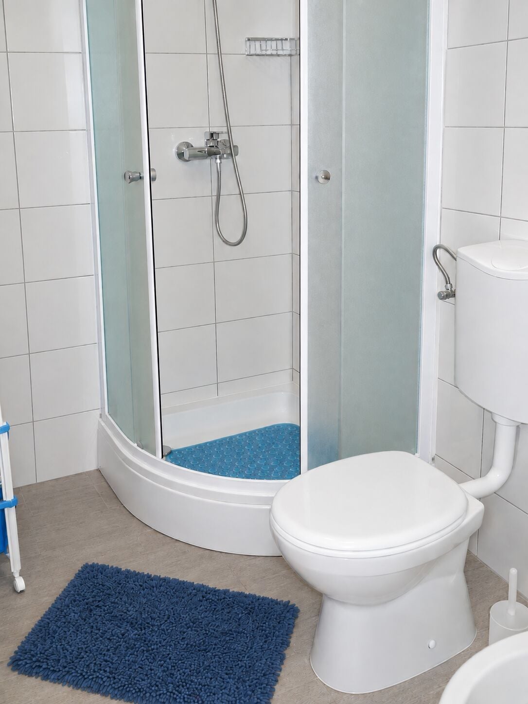 A bathroom with a white toilet, a glass shower enclosure, and a blue rug on the floor.
