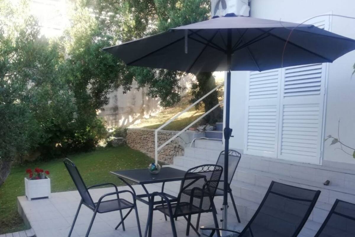 An outdoor patio with a table and chairs, a large umbrella, and a view of a garden and building in the background.