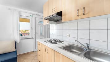 Apartment (A3) | Private kitchen | Fridge, microwave, stovetop, cookware/dishes/utensils