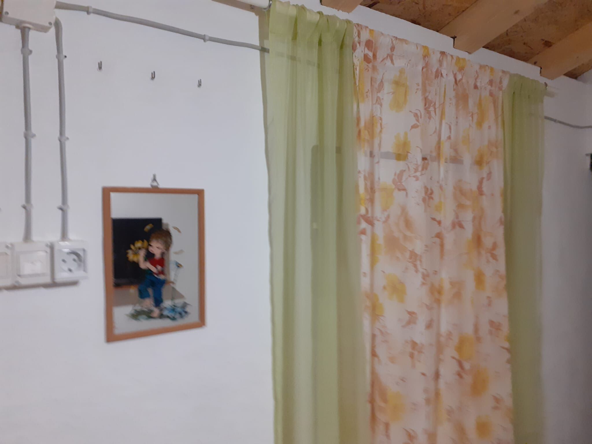 A room with a green curtain, a framed picture on the wall, and visible plumbing fixtures.