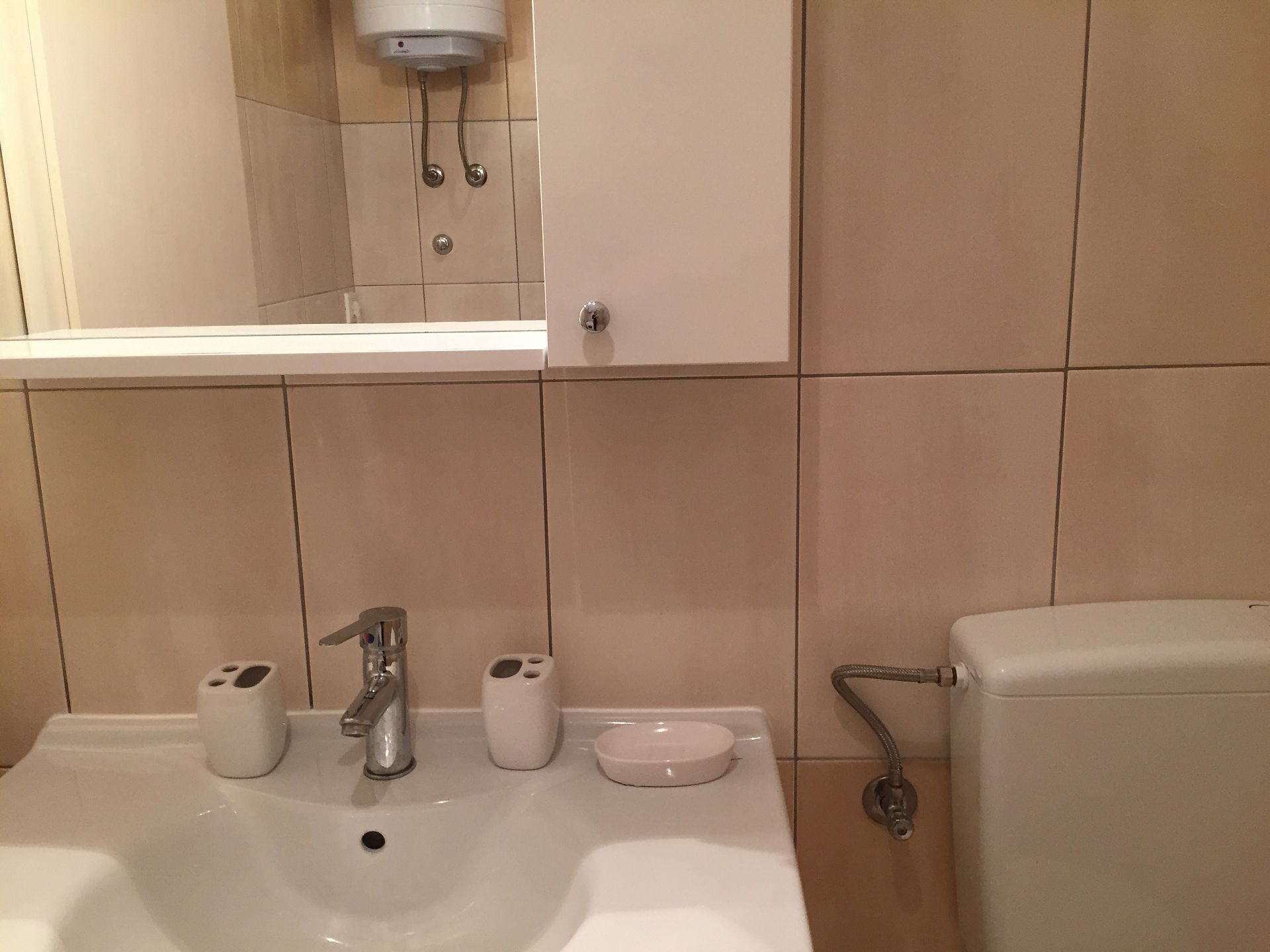 A bathroom with a sink, mirror, and toilet.