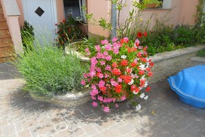A garden with various plants and flowers, a stone wall, and a blue pool. - Apartment Marinka (Zadar)