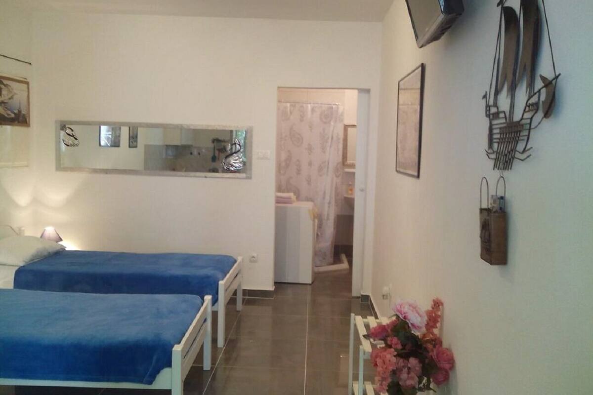 A room with two beds, a TV, a mirror, and a shower area.