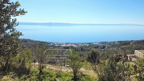 A coastal landscape with a view of the sea, greenery, and distant buildings. - Apartment Ivo (Tucepi)