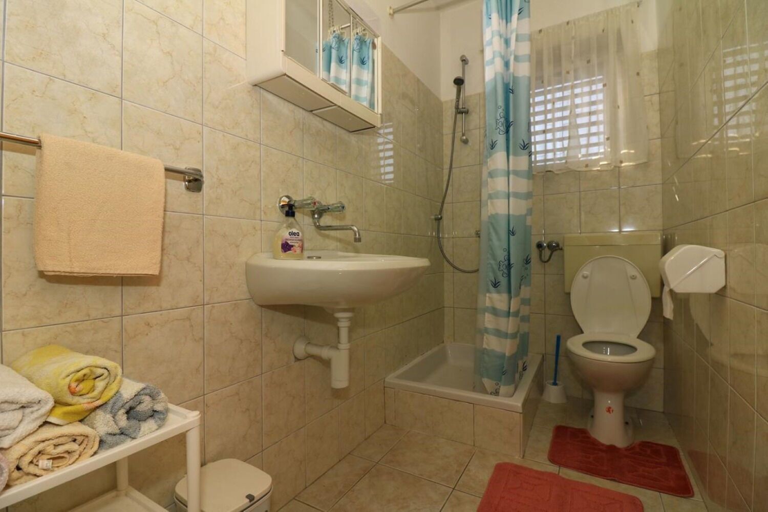 Une salle de bain équipée d’un lavabo, de toilettes, d’une douche et d’un porte-serviettes.