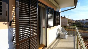 Un balcon avec une balustrade en métal, une porte avec une fenêtre et la façade d’un immeuble agrémentée de volets.