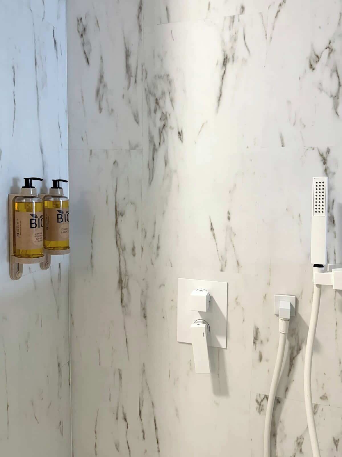 Shower, hair dryer, towels, shampoo