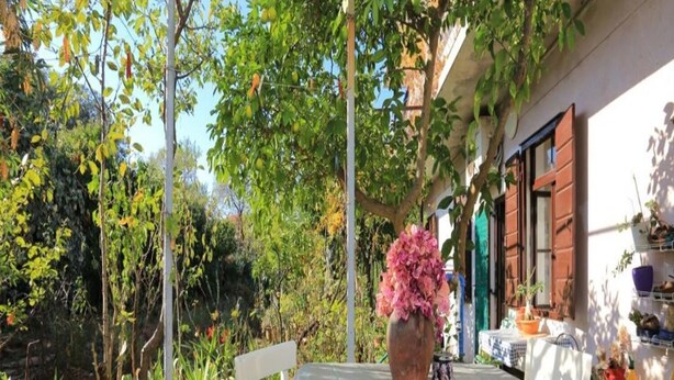 An outdoor patio with a table and chairs, surrounded by greenery and a building with a window. - Apartments Rosa (Split)