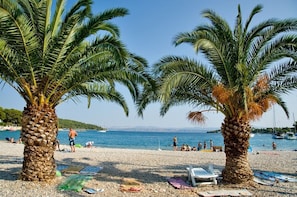 Een strand met palmbomen, een kiezelstrand en boten op de achtergrond.