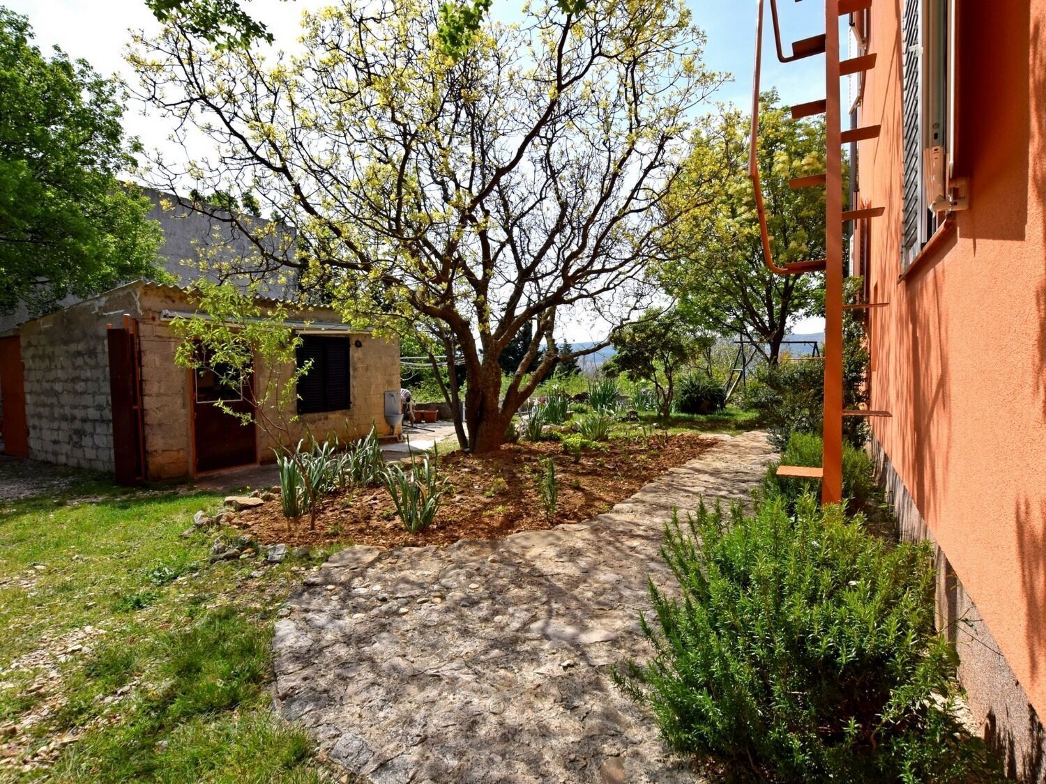 A stone pathway leading to a rustic building with a small garden area, a tree, and a clear view of the sky.