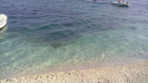 Une plage avec une eau claire et peu profonde, et un bateau visible au loin.