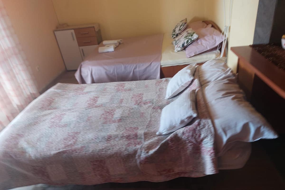 A room with two beds, each with a patterned bedspread and pillows. There is a wooden dresser and a small cabinet against the wall.