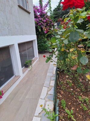 A garden with a stone pathway, potted plants, and a variety of flowers. - Apartment Roland (Vrsar)