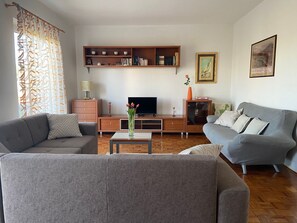 A living room with two grey sofas, a wooden entertainment unit with books and decorative items, a flat-screen TV, and a painting on the wall. - Apartment Renci (Biograd na Moru)