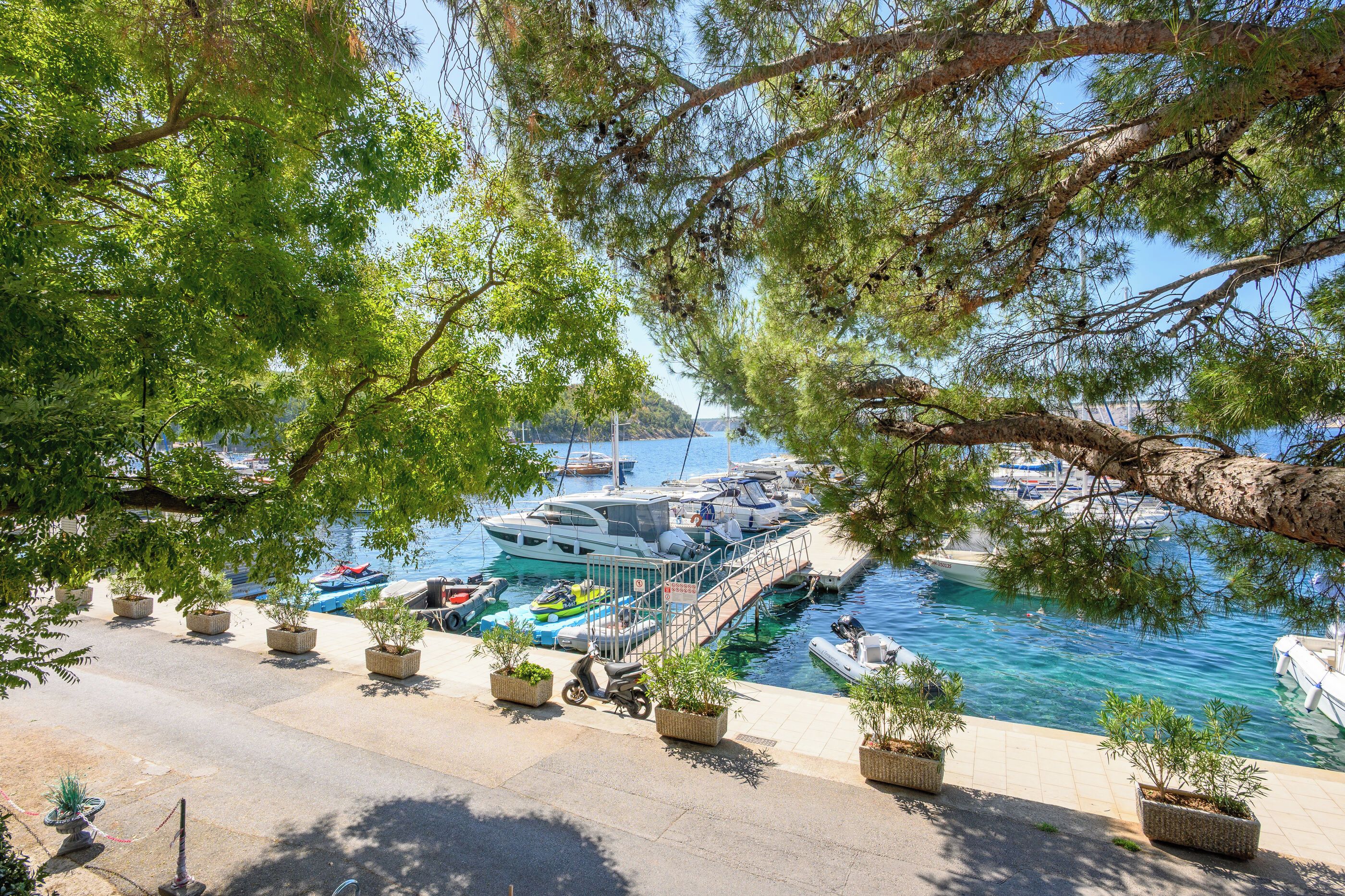 A marina with boats docked, a pedestrian walkway, and potted plants.