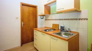 A compact kitchen with a wooden door, a double sink, and a small countertop. - Apartments Ani (Crikvenica)