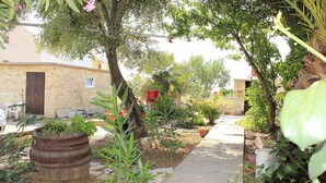 A garden pathway leading to a stone building with a door, surrounded by various plants and a large metal barrel.