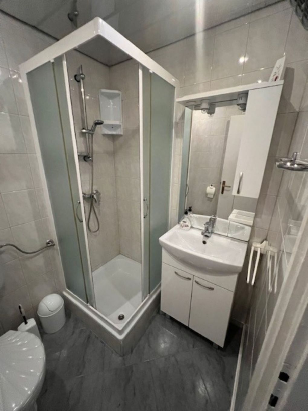 A modern bathroom with a glass-enclosed shower, a white sink, and a toilet.