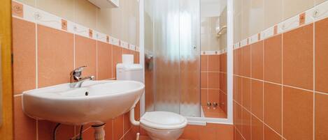A bathroom with a sink, toilet, and shower.