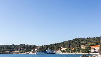 A coastal town with a large white boat docked near the shore, surrounded by buildings with red roofs and lush green hills in the background.