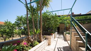 Een overdekt buitengebied met een stenen vloer, metalen hekwerk en diverse planten, waaronder palm- en bloeiende planten.