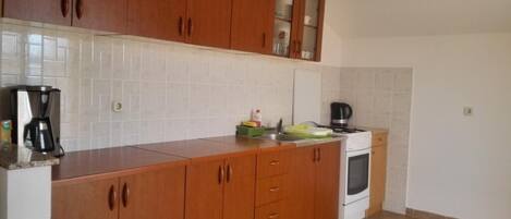 Apartment (A1) | Private kitchen | Fridge, microwave, oven, stovetop