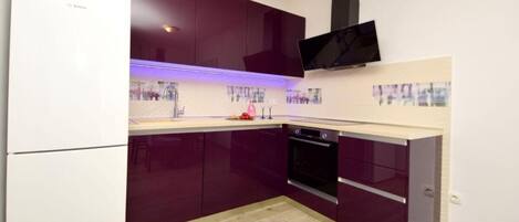 Apartment (A1) | Private kitchen | Fridge, microwave, oven, stovetop