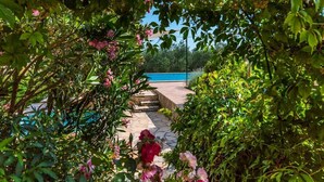 A pathway leading to a pool surrounded by lush greenery and flowering plants. - House Mare (Kastela)