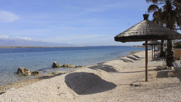 A beach with a thatched umbrella, pebbles, and a palm tree. - Apartment Island of Love (Vir)