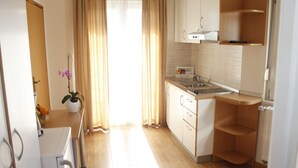 Una cocina compacta con un lavabo, armarios y una encimera.