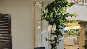 Ein möblierter Patio-Bereich im Freien mit Korbmöbeln und einem Blumentopf.