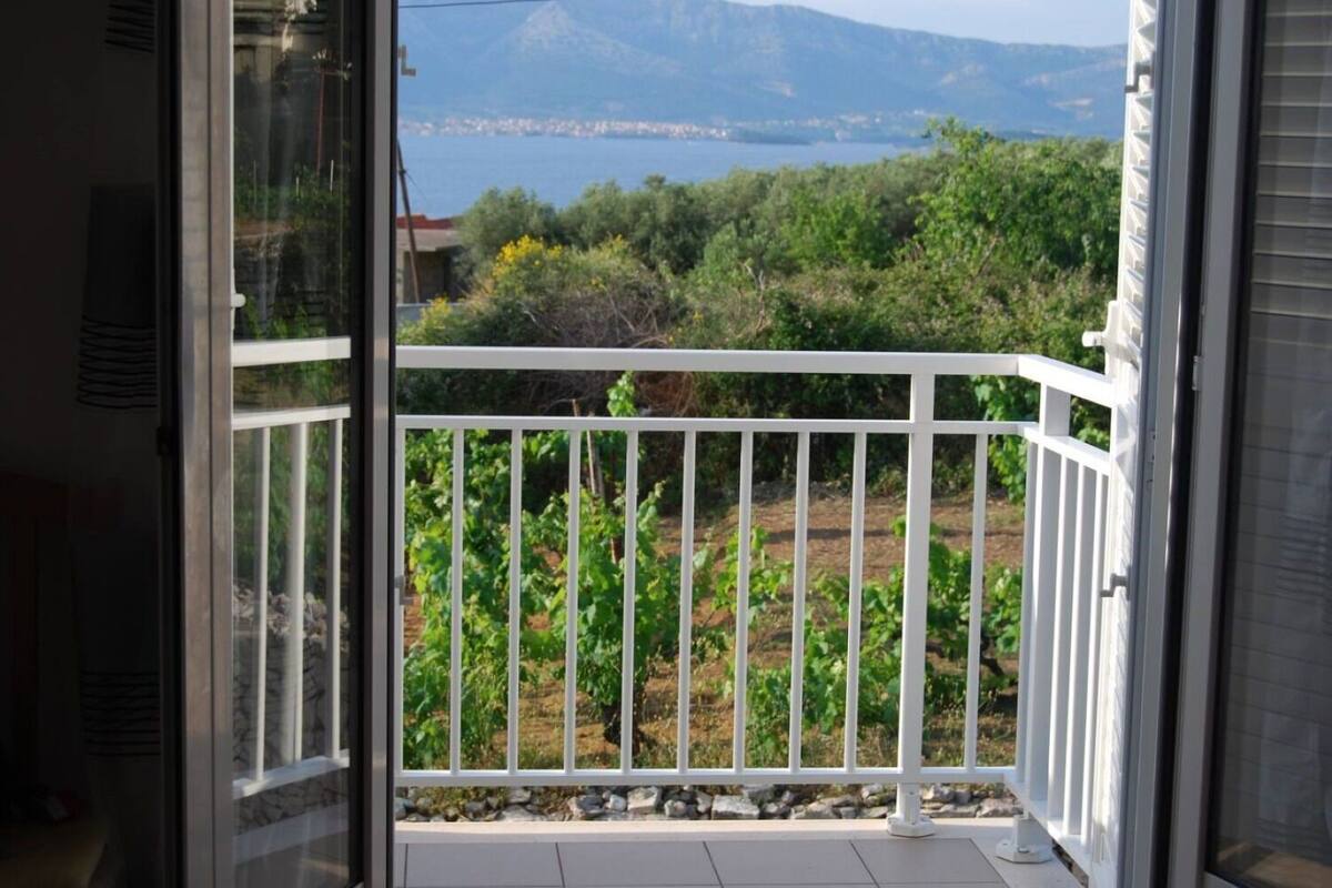 A balcony with a white railing, overlooking a vineyard and a distant mountain range.
